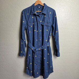 Lands' End Denim Embroidered Bees Sunflowers Shirtdress Belted Blue Size Medium